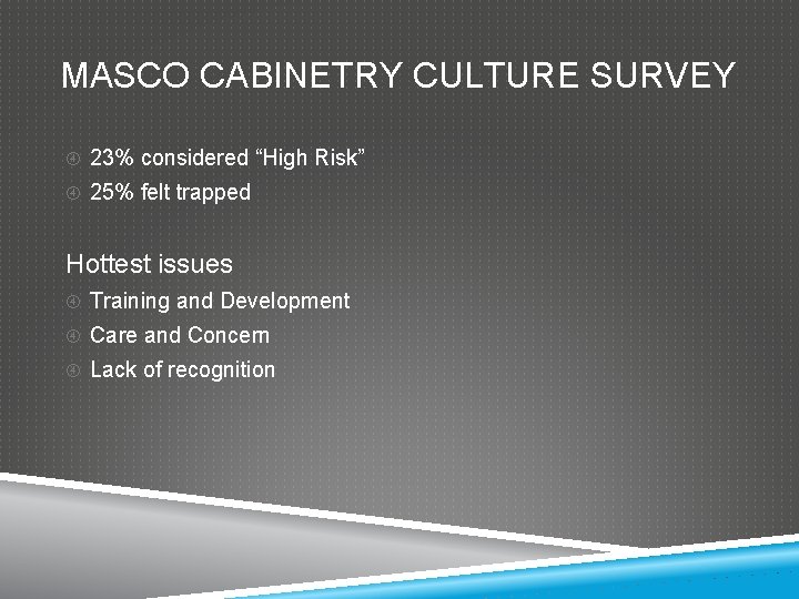 MASCO CABINETRY CULTURE SURVEY 23% considered “High Risk” 25% felt trapped Hottest issues Training