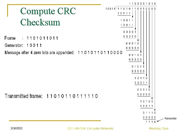 Compute CRC Checksum 2/26/2021 XOR EEC-484/584: Computer Networks Wenbing Zhao 