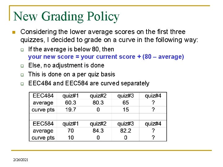 New Grading Policy n Considering the lower average scores on the first three quizzes,