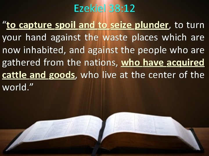 Ezekiel 38: 12 “to capture spoil and to seize plunder, to turn your hand