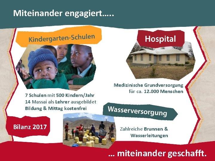 Miteinander engagiert…. . 7 Schulen mit 500 Kindern/Jahr 14 Massai als Lehrer ausgebildet Bildung