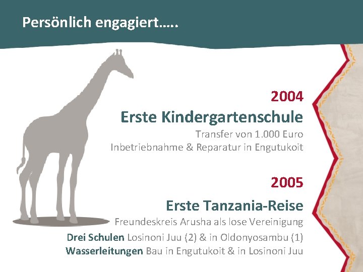 Persönlich engagiert…. . 2004 Erste Kindergartenschule Transfer von 1. 000 Euro Inbetriebnahme & Reparatur