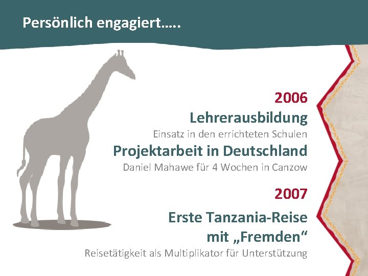 Persönlich engagiert…. . 2006 Lehrerausbildung Einsatz in den errichteten Schulen Projektarbeit in Deutschland Daniel