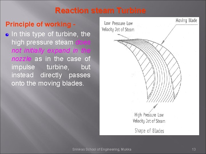 Reaction steam Turbine Principle of working In this type of turbine, the high pressure