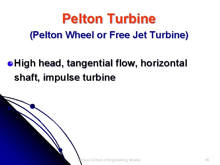 Pelton Turbine (Pelton Wheel or Free Jet Turbine) High head, tangential flow, horizontal shaft,