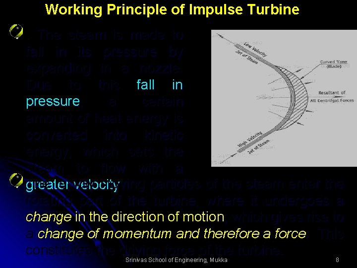 Working Principle of Impulse Turbine. The steam is made to fall in its pressure