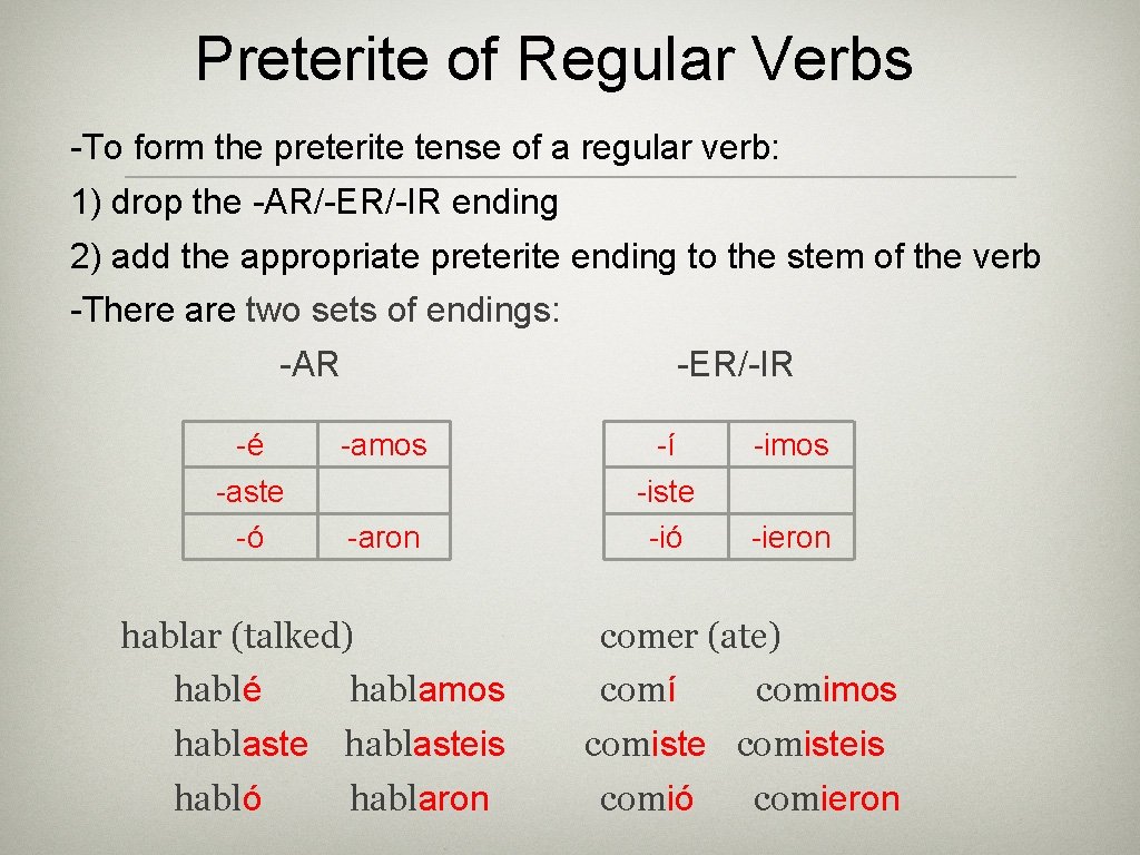 Preterite of Regular Verbs -To form the preterite tense of a regular verb: 1)