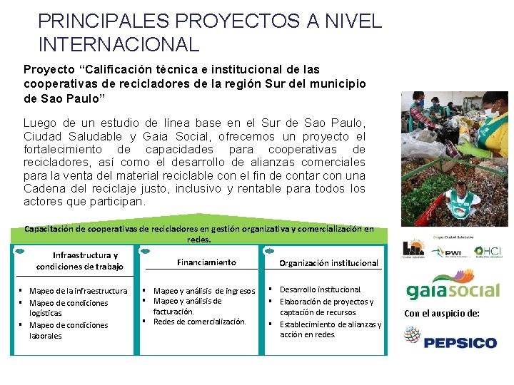 PRINCIPALES PROYECTOS A NIVEL INTERNACIONAL Proyecto “Calificación técnica e institucional de las cooperativas de