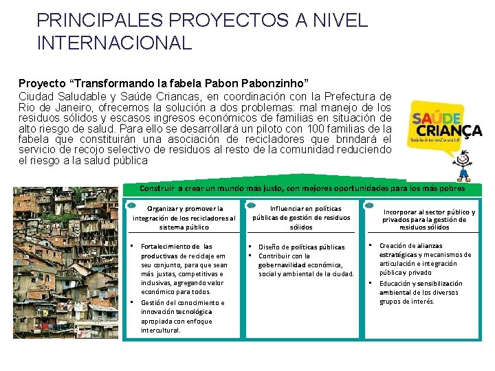 PRINCIPALES PROYECTOS A NIVEL INTERNACIONAL Proyecto “Transformando la fabela Pabonzinho” Ciudad Saludable y Saúde