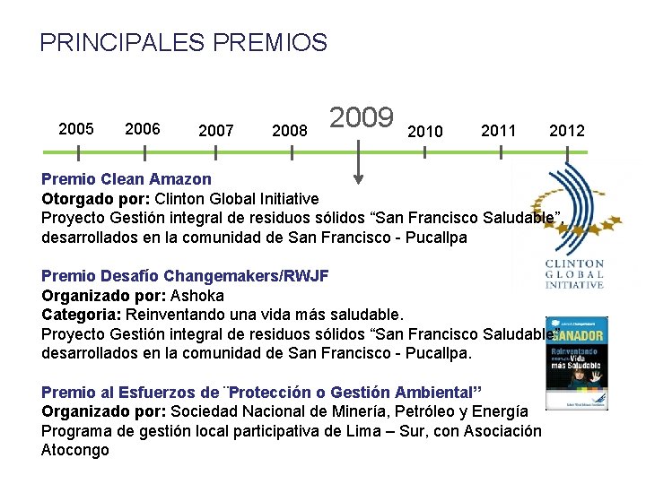 PRINCIPALES PREMIOS 2005 2006 2007 2008 2009 2010 2011 2012 Premio Clean Amazon Otorgado