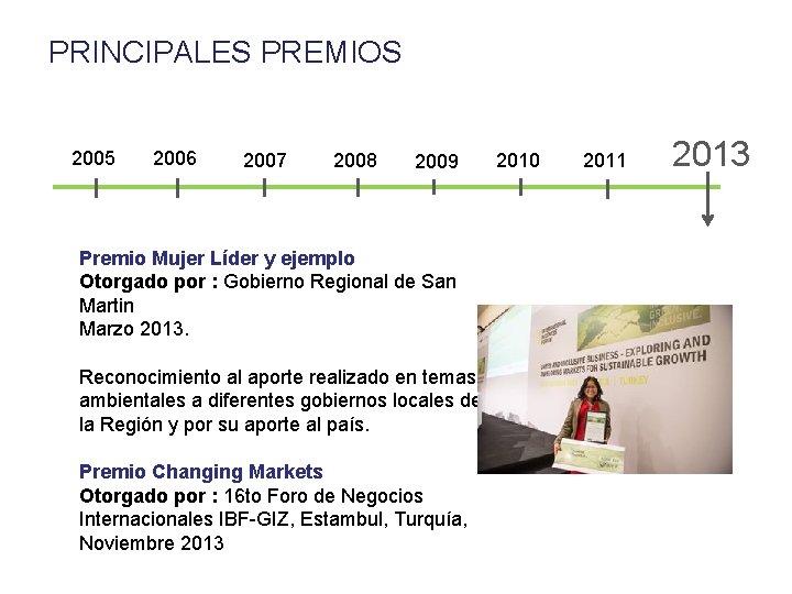 PRINCIPALES PREMIOS 2005 2006 2007 2008 2009 Premio Mujer Líder y ejemplo Otorgado por