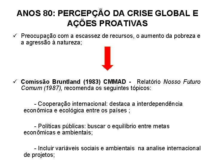 ANOS 80: PERCEPÇÃO DA CRISE GLOBAL E AÇÕES PROATIVAS ü Preocupação com a escassez