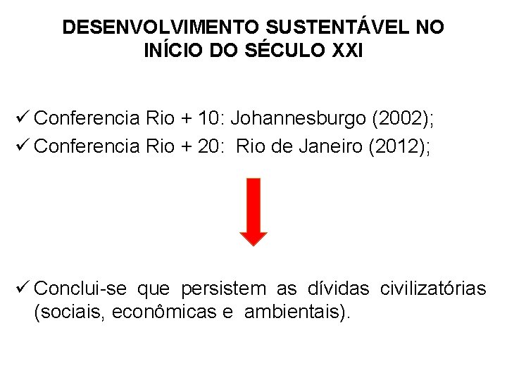DESENVOLVIMENTO SUSTENTÁVEL NO INÍCIO DO SÉCULO XXI ü Conferencia Rio + 10: Johannesburgo (2002);