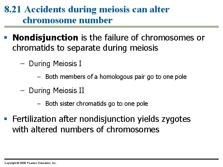 8. 21 Accidents during meiosis can alter chromosome number § Nondisjunction is the failure