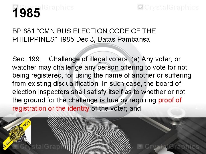 1985 BP 881 “OMNIBUS ELECTION CODE OF THE PHILIPPINES” 1985 Dec 3, Batas Pambansa