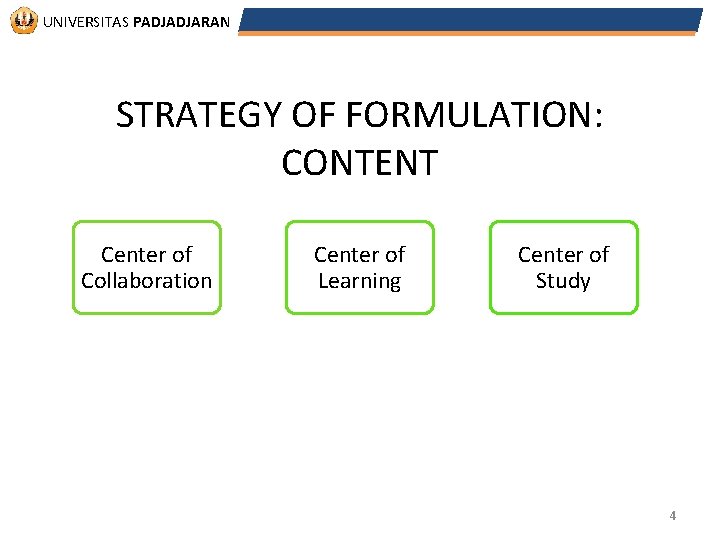 UNIVERSITAS PADJADJARAN STRATEGY OF FORMULATION: CONTENT Center of Collaboration Center of Learning Center of