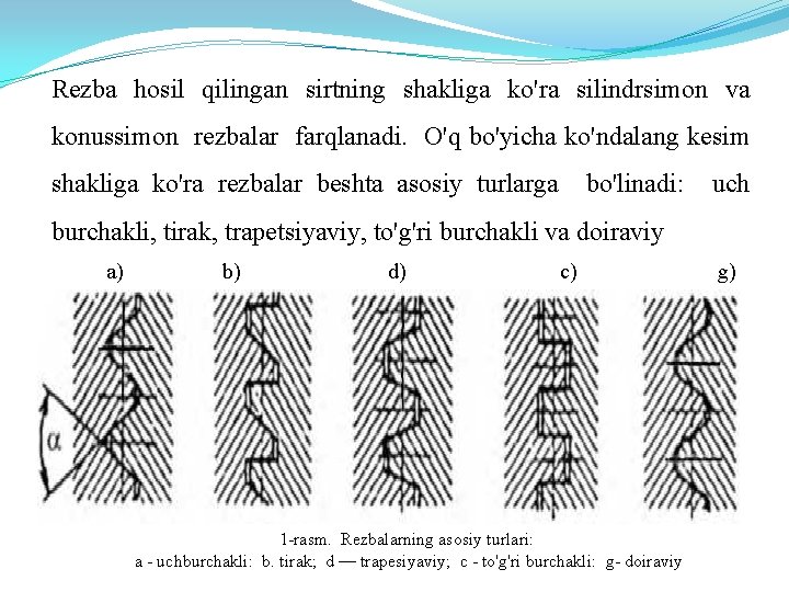 Rezba hosil qilingan sirtning shakliga ko'ra silindrsimon va konussimon rezbalar farqlanadi. O'q bo'yicha ko'ndalang