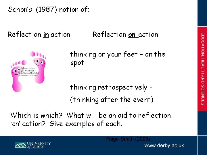 Schon’s (1987) notion of; Reflection in action Reflection on action thinking on your feet