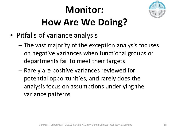 Monitor: How Are We Doing? • Pitfalls of variance analysis – The vast majority