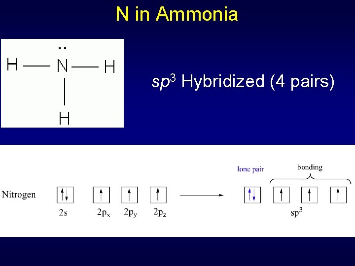 N in Ammonia sp 3 Hybridized (4 pairs) 