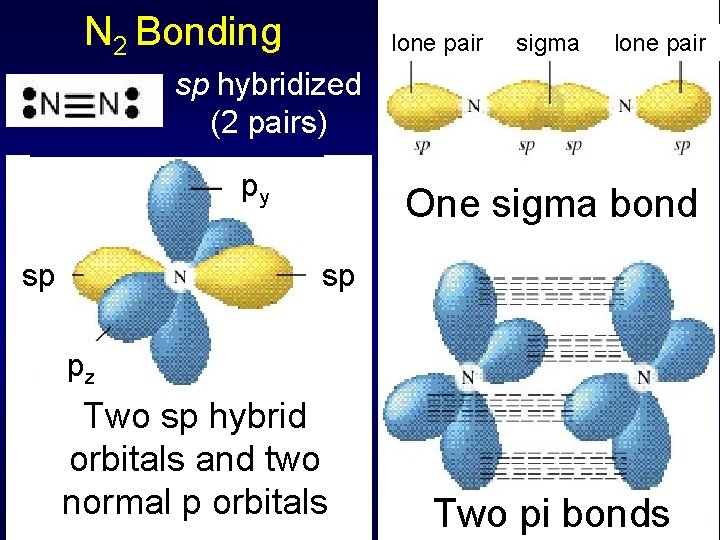 N 2 Bonding lone pair sigma lone pair sp hybridized (2 pairs) py sp