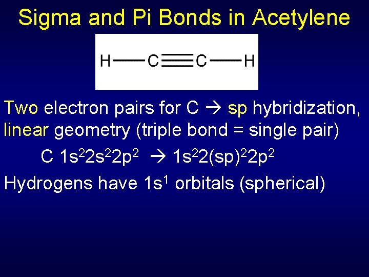 Sigma and Pi Bonds in Acetylene Two electron pairs for C sp hybridization, linear