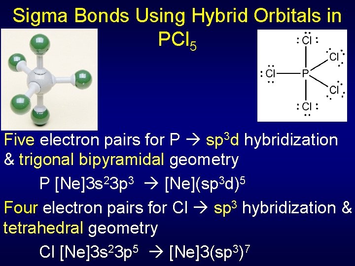 Sigma Bonds Using Hybrid Orbitals in PCl 5 Five electron pairs for P sp