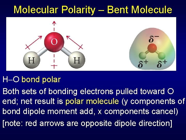 Molecular Polarity – Bent Molecule H O bond polar Both sets of bonding electrons