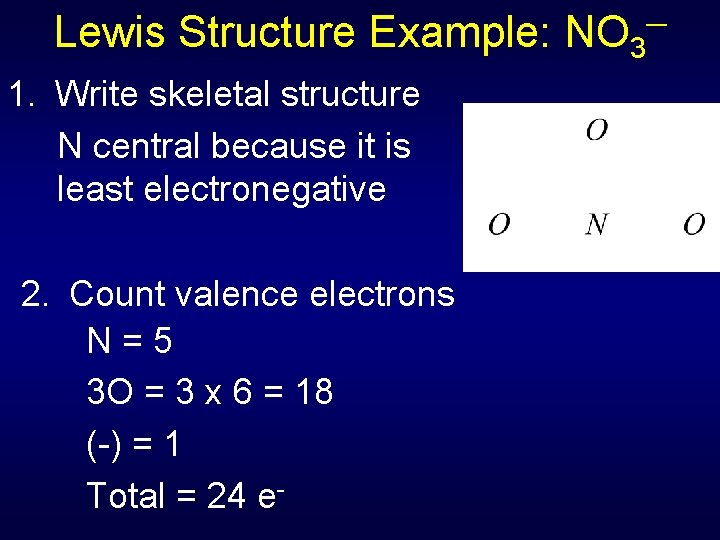 Lewis Structure Example: NO 3─ 1. Write skeletal structure N central because it is