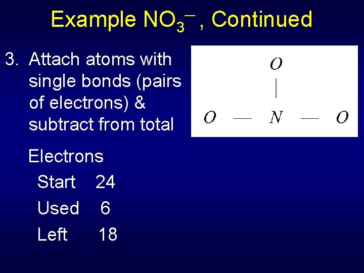 Example NO 3 3. Attach atoms with single bonds (pairs of electrons) & subtract