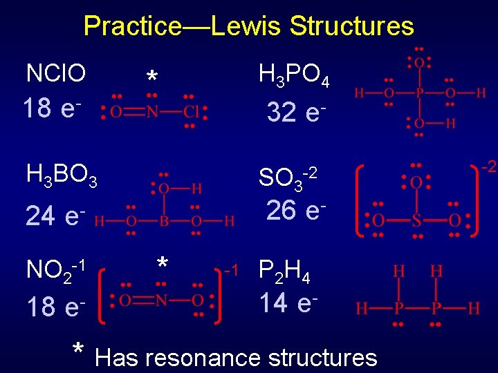 Practice—Lewis Structures NCl. O 18 e- H 3 PO 4 * 32 e- H