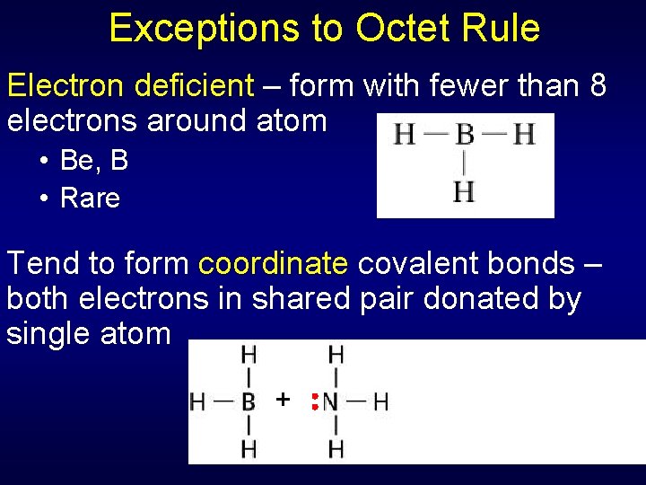 Exceptions to Octet Rule Electron deficient – form with fewer than 8 electrons around