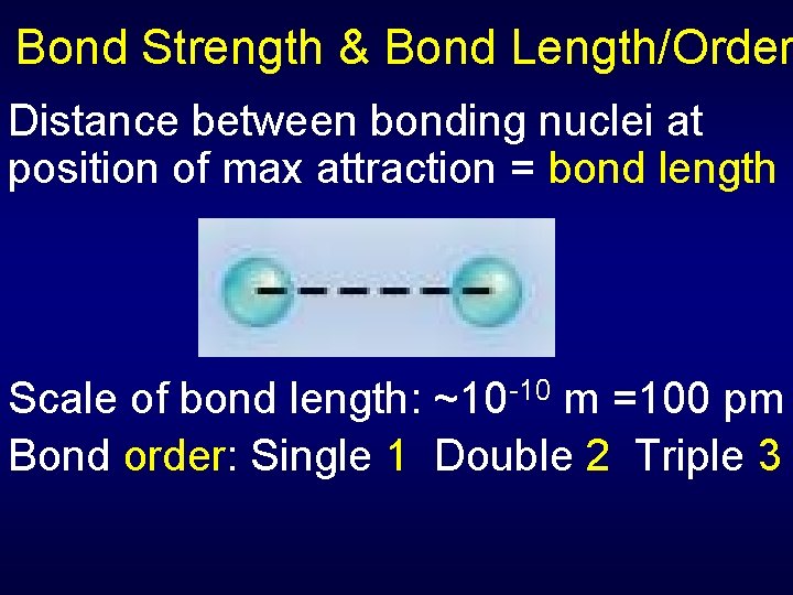 Bond Strength & Bond Length/Order Distance between bonding nuclei at position of max attraction