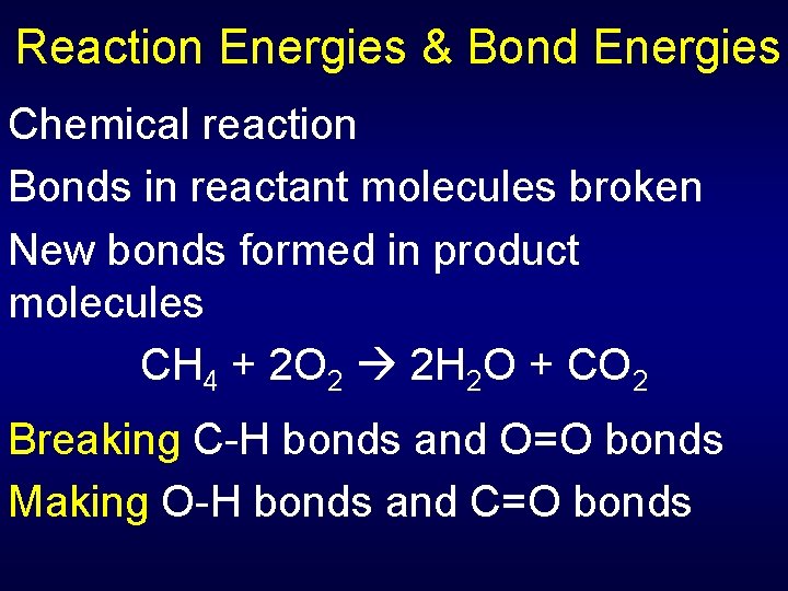 Reaction Energies & Bond Energies Chemical reaction Bonds in reactant molecules broken New bonds