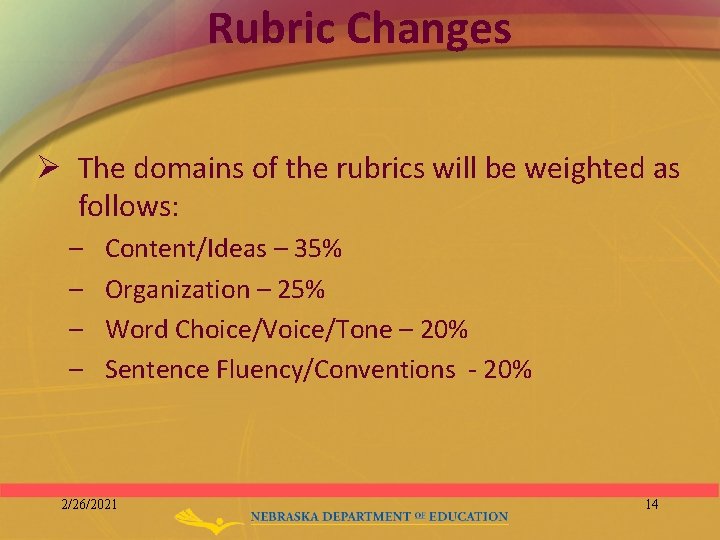 Rubric Changes Ø The domains of the rubrics will be weighted as follows: –