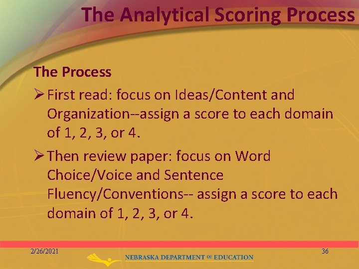 The Analytical Scoring Process The Process Ø First read: focus on Ideas/Content and Organization--assign