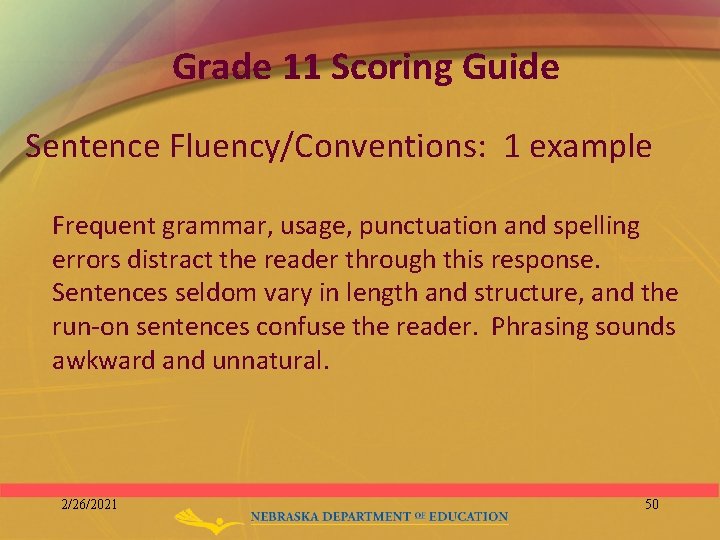 Grade 11 Scoring Guide Sentence Fluency/Conventions: 1 example Frequent grammar, usage, punctuation and spelling