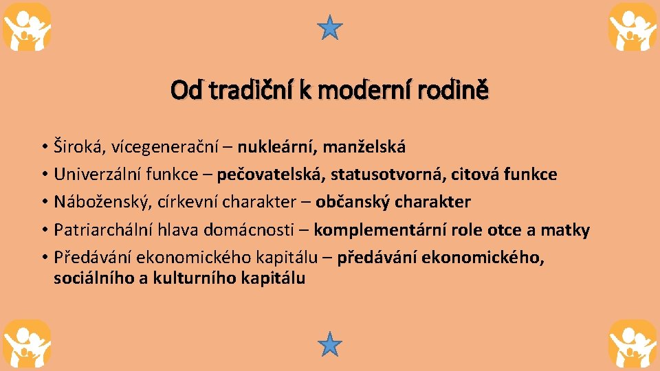 Od tradiční k moderní rodině • Široká, vícegenerační – nukleární, manželská • Univerzální funkce Od tradiční k moderní rodině • Široká, vícegenerační – nukleární, manželská • Univerzální funkce
