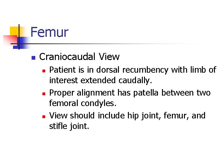 Femur n Craniocaudal View n n n Patient is in dorsal recumbency with limb