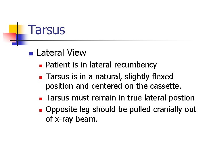 Tarsus n Lateral View n n Patient is in lateral recumbency Tarsus is in