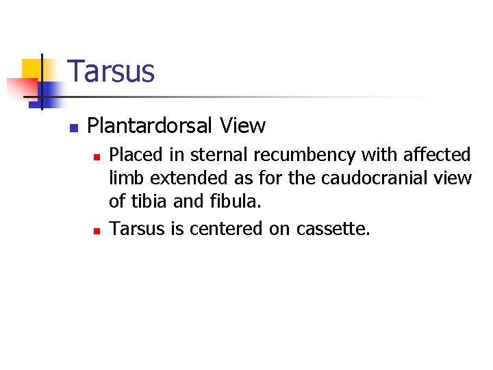 Tarsus n Plantardorsal View n n Placed in sternal recumbency with affected limb extended