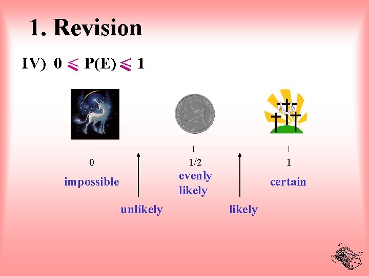 1. Revision IV) 0 < P(E) < 1 0 1/2 1 impossible evenly likely