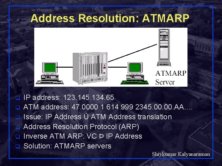 Address Resolution: ATMARP q q q IP address: 123. 145. 134. 65 ATM address: