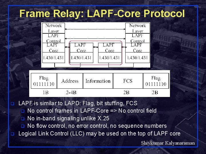 Frame Relay: LAPF-Core Protocol q q LAPF is similar to LAPD: Flag, bit stuffing,