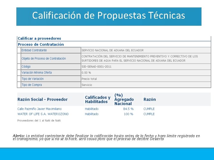 Calificación de Propuestas Técnicas Alerta: La entidad contratante debe finalizar la calificación hasta antes