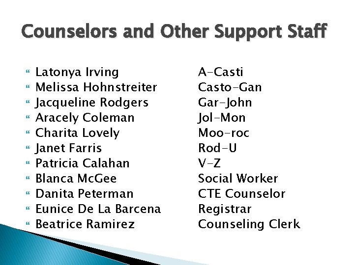 Counselors and Other Support Staff Latonya Irving Melissa Hohnstreiter Jacqueline Rodgers Aracely Coleman Charita
