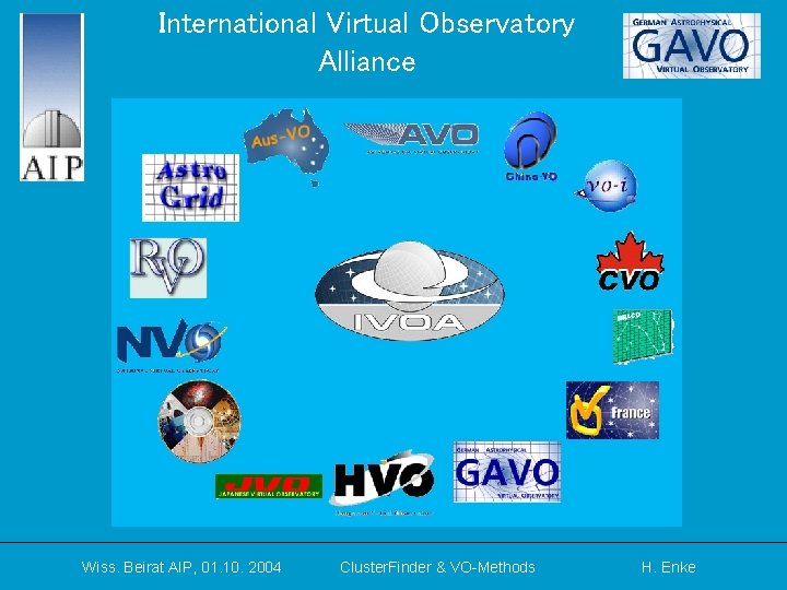 International Virtual Observatory Alliance Wiss. Beirat AIP, 01. 10. 2004 Cluster. Finder & VO-Methods