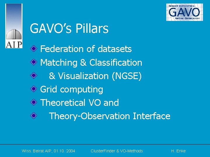 GAVO’s Pillars Federation of datasets Matching & Classification & Visualization (NGSE) Grid computing Theoretical