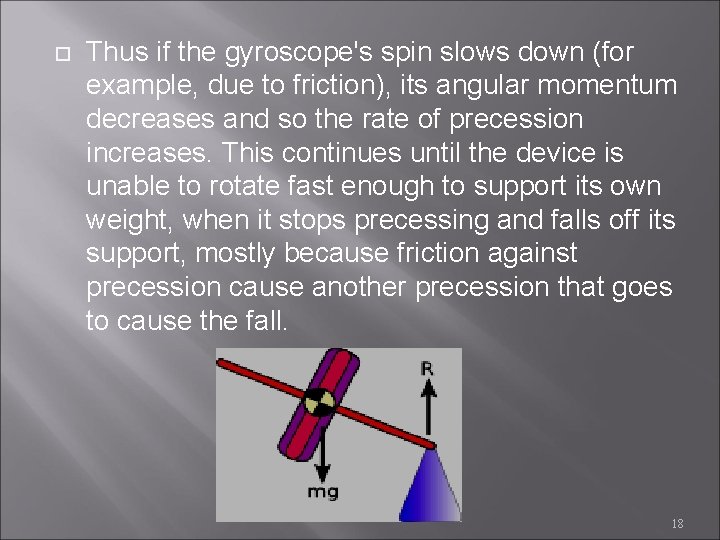  Thus if the gyroscope's spin slows down (for example, due to friction), its