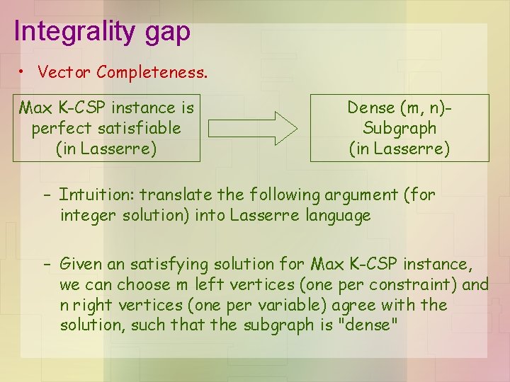 Integrality gap • Vector Completeness. Max K-CSP instance is perfect satisfiable (in Lasserre) Dense